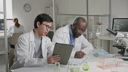Two Scientists Working with Documents Together in Laboratory