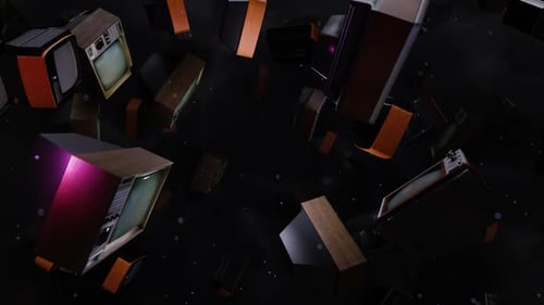 Retro Televisions Floating in Abstract Dark Space Animation