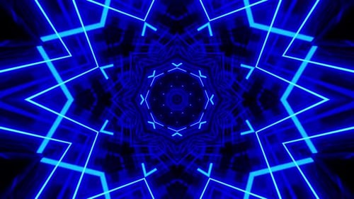 Lebendige blaue Neonlinien bilden ein dynamisches geometrisches Kaleidoskop