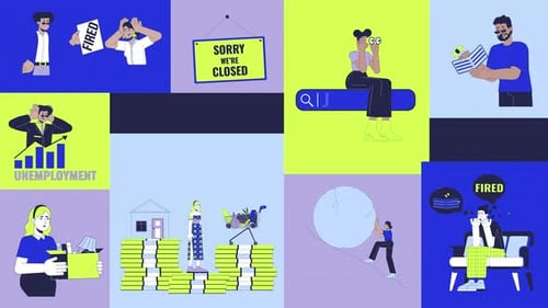 Economic struggles and job loss animated bento grid layout