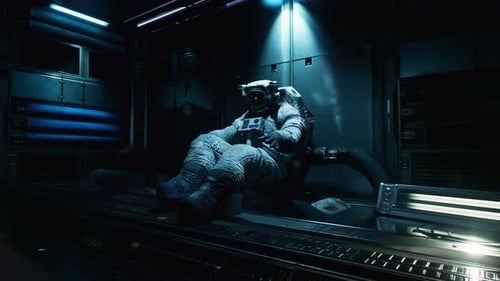 3D Futuristic Astronaut in a Dark Space Station Interior