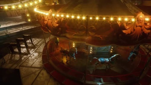 Empty Amusement Park Carousel Illuminated at Night with Glowing Lights