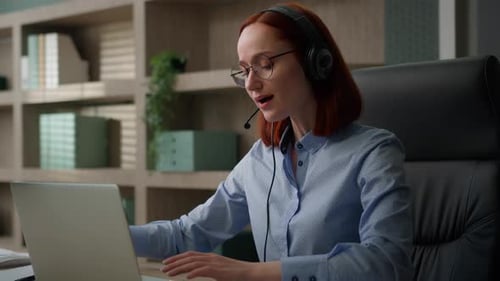 Caucasian Smiling Businesswoman Business Virtual Meeting Conference in Office Woman Girl in Headset