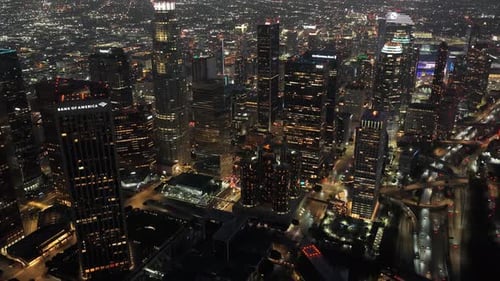 Downtown Los Angeles Night Cityscape Featuring Illuminated Skyscrapers Busy Freeway Traffic Urban