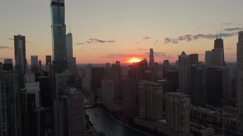 Wide Footage of Element Chicago Downtown Skyline on Red Sunset Evening Time Drone Aerial Shot View