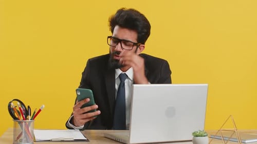 Indian Office Business Man Use Smartphone Surprised By Bad News Fortune Loss Fail Lottery Results