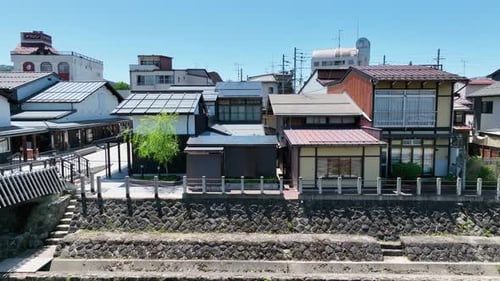 Aerial view of traditional buildings, Japan.