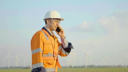 Engineer man walking and talking on a cell phone to discuss wind turbine teamwork techniques