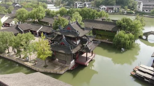 Aerial View of the Scenic Beauty of Ke Yan Scenic Area and the Surrounding Ancient Town in Shaoxing