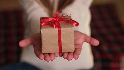 Hands Present Wrapped Gift with Red Ribbon