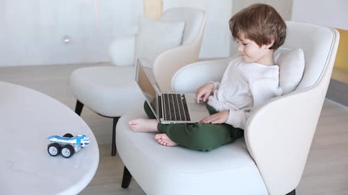Boy Uses Laptop in Chair at Home