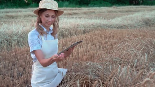 Happy Female Farmer Using Digital Tablet and Examining Wheat Plants on Farm
