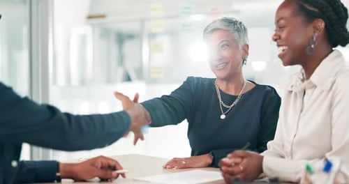 Meeting, welcome and business people with handshake, agreement and b2b with onboarding job