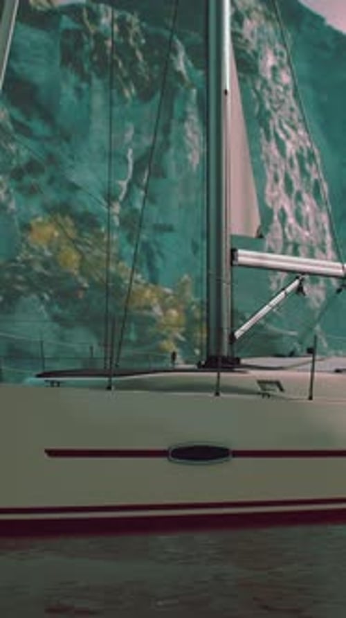 Yacht in the Sea with Greeny Rocky Island