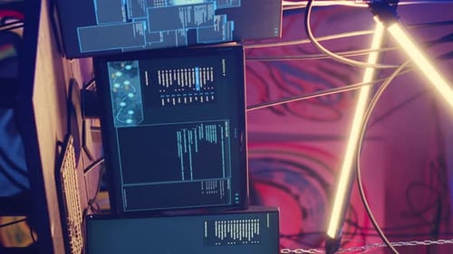 Vertical Video PC Monitors in Empty Warehouse