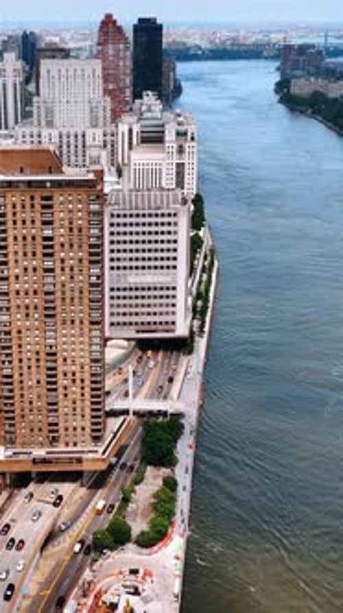 Footage above the buildings under which the highways pass on.