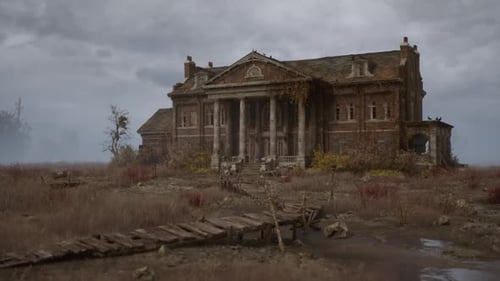 Gloomy Abandoned Mansion with Wooden Bridge in Overgrown Field