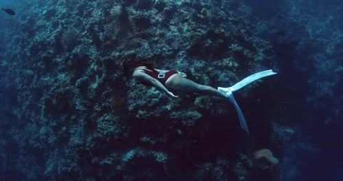 Woman Freediver Glides with Fins on the Deep in Tropical Ocean Near Coral Reef Rocks