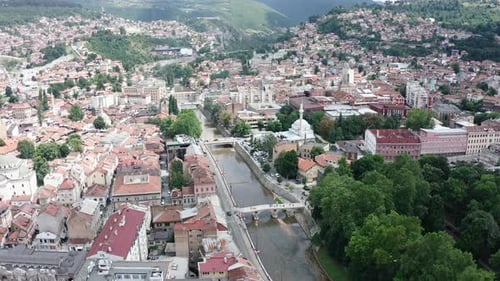 Aerial video of the capital city of Sarajevo of Bosnia and Herzegovina