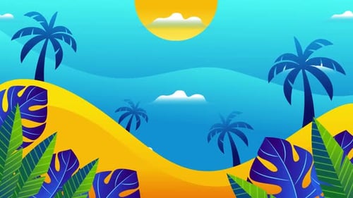 Animated Tropical Beach Landscape Background with Palm Trees