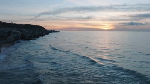 Aerial establishing view of abandoned seaside fortification buildings at Karosta Northern Forts on t