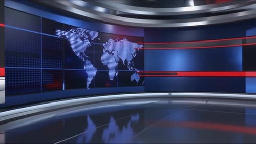 Animated Virtual News Studio with Glowing World Map