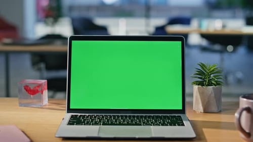 Mockup Laptop Standing Office Desk Closeup Modern Green Screen Computer Online
