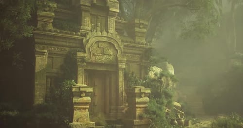 Mysterious Ancient Temple Overgrown with Lush Vegetation in a Foggy Forest