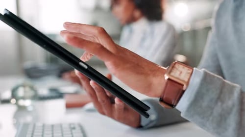 Tablet, scroll and hands of business person in office for publishing agency