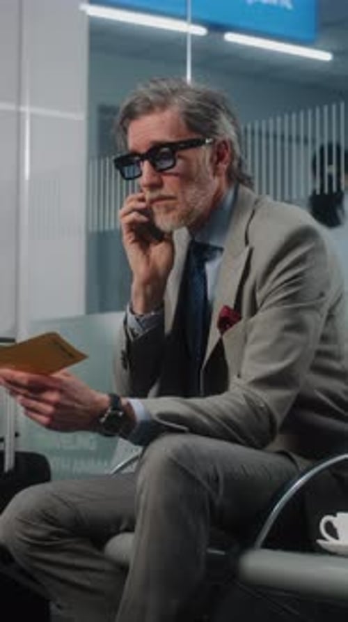 Airport Terminal Serious Entrepreneur Irritated About Flight Delay Talking on Phone