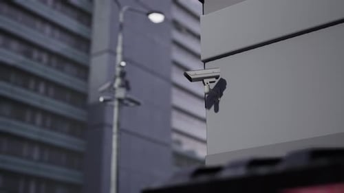 Outdoor CCTV Security Camera Mounted on Building Wall with Blurred City