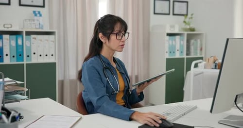 Doctor, medical research and woman with tech, hospital and reading diagnosis on website