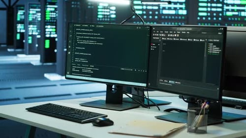 Computer Displays on Desk in Server Farm