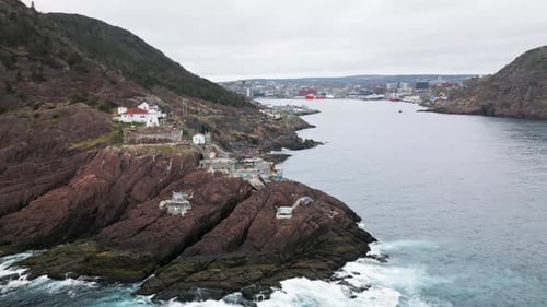 Drone shot of Fort Amherst in St John's, Newfoundland, Canada. Spinning around the point to reveal t