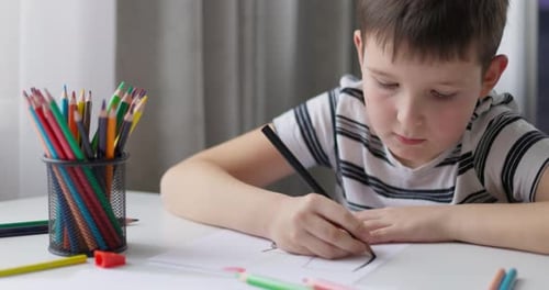 Boy Drawing with Pencils at Home at Table