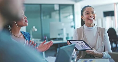 Applause, happy or business people with tablet in meeting for company growth