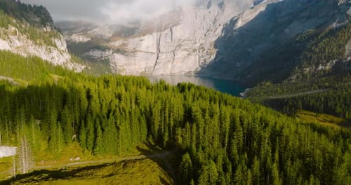 Aerial View of the Lake Oeschinensee on a Sunny Autumn Day