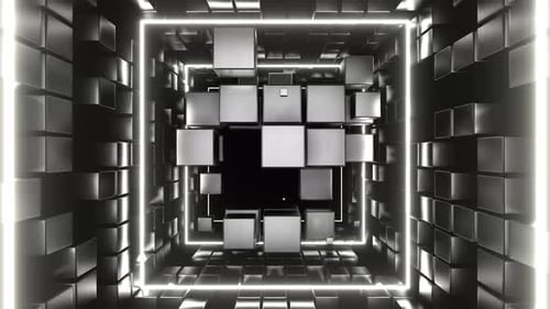 Une entité cubique en noir et blanc se déplace à travers une boucle Vj en arrière-plan du tunnel en 4K