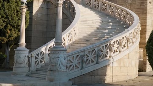 Marble Staircase with Ornate Balustrade and Classical Columns of National Library of Greece in