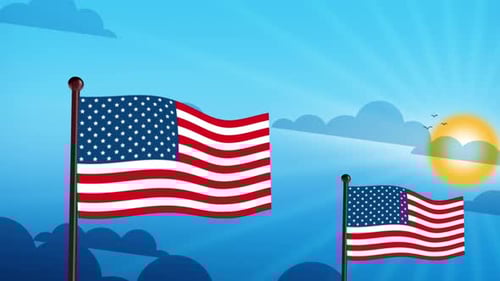Flat Design Waving American Flags in Blue Sky Animation