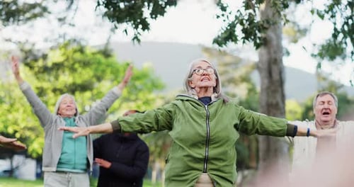Yoga, park and senior people applause exercise success together in nature for health