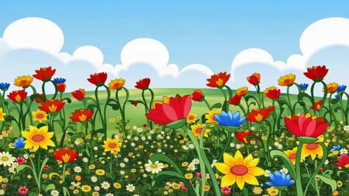 Prairie de dessin animé lumineuse avec des fleurs colorées qui se balancent et du blanc