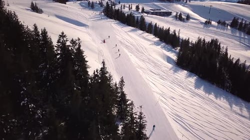 Aerial view of a ski slope in a ski resort in the Tyrolean Alps in Austria