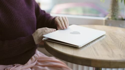 Unrecognizable Woman Hands Opening Laptop Cover Sitting Cafe Table Cold Weather
