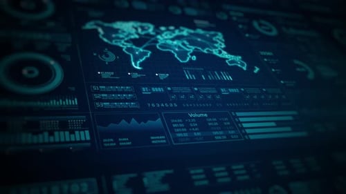 Futuristic Global Data Interface with Animated World Map HUD