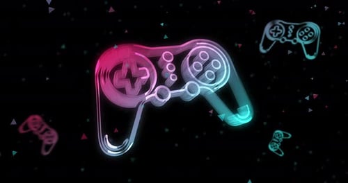 Concepto digital de bucle con símbolos de mando y joystick