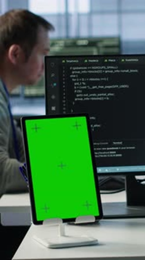 Green Screen Table in Data Center in Front of IT Support Specialists