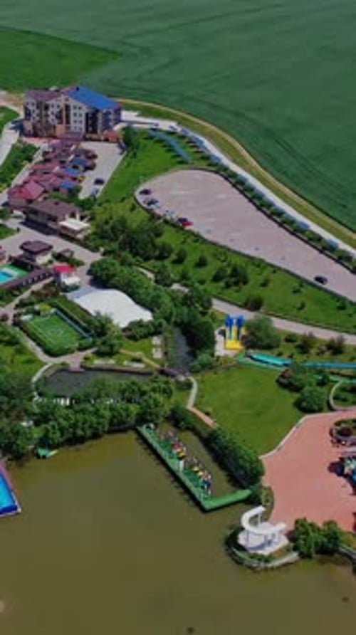 Modern recreation complex. Beautiful green territory of popular recreational center