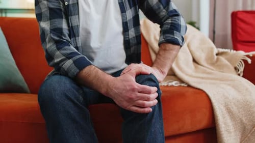 Unrecognizable Man Suffer From Painful Severe Knee Joint Ache Leg Muscles Illness Cramps Rheumatism