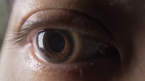 Nahaufnahme mit Auswahlfokus — Menschliches Auge, wenn die Person blinzelt und die Pupille zusammenzieht und sich ausdehnt — Ob